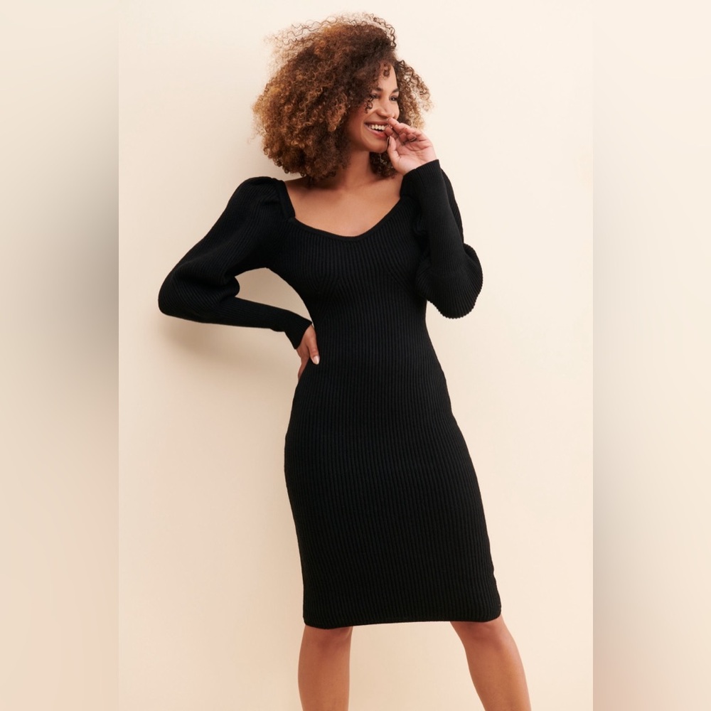 ASTR The Label Black Heavy Ribbed Puff Sleeve Sweater Dress M